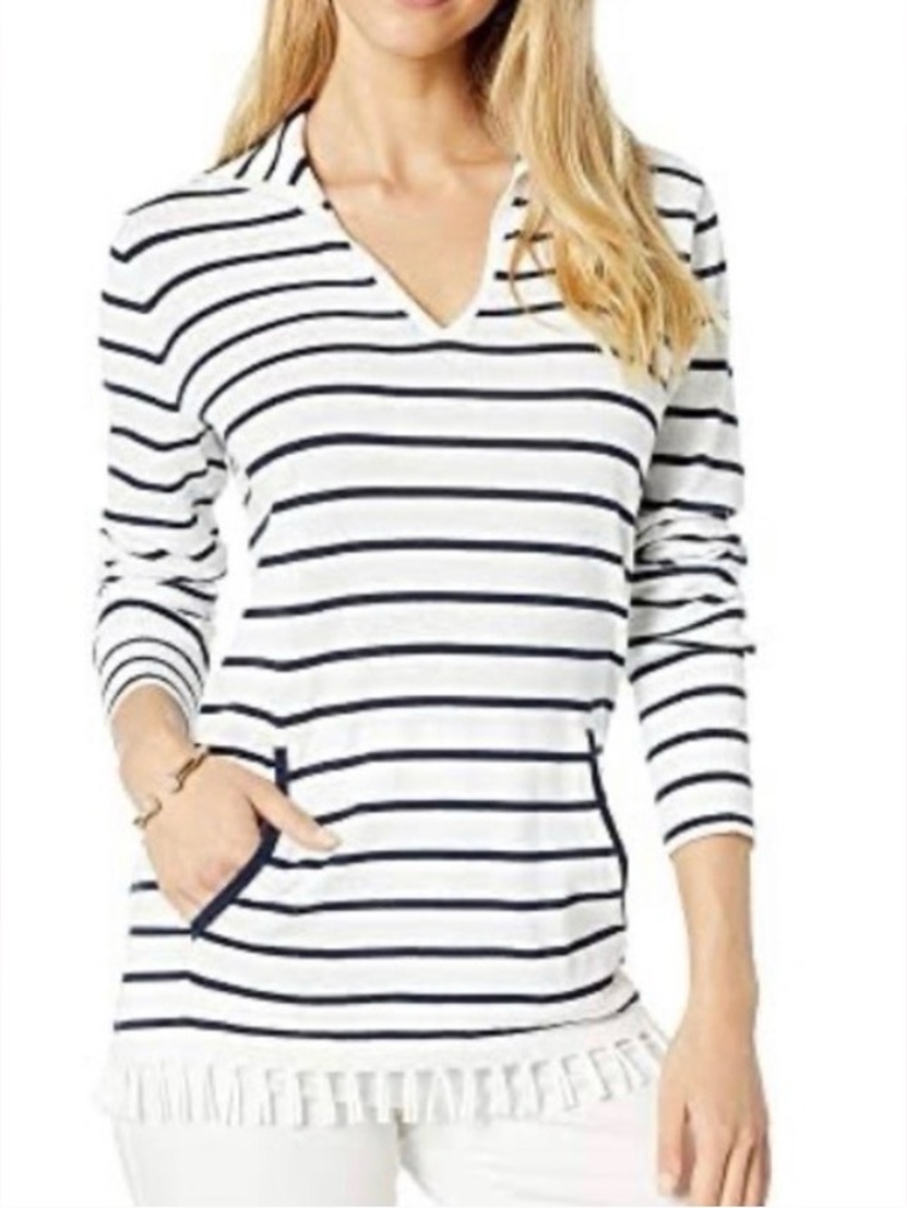 LILLY PULITZER Crestwood Striped Fringe Hem Pullover Sweater White Navy Medium